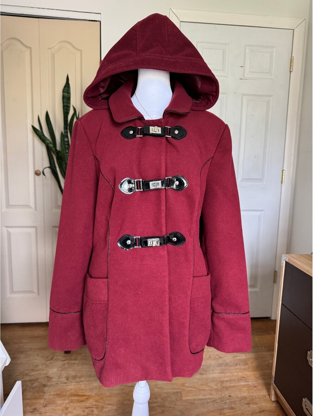 Women's Burgundy Hooded Wool Blend Coat with Toggle Closures